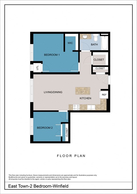 Floor plan for 2 beds, 1 bath, 807 sqft